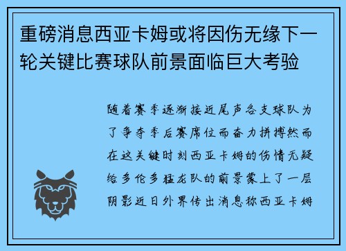 重磅消息西亚卡姆或将因伤无缘下一轮关键比赛球队前景面临巨大考验